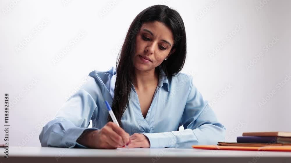 Latin woman writing and thinking in slow motion on white background Latin woman writing and thinking in slow motion on white background
