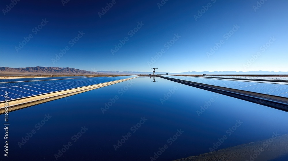 Fototapeta premium Solar Panels Reflecting on a Calm Lake Under a Clear Blue Sky