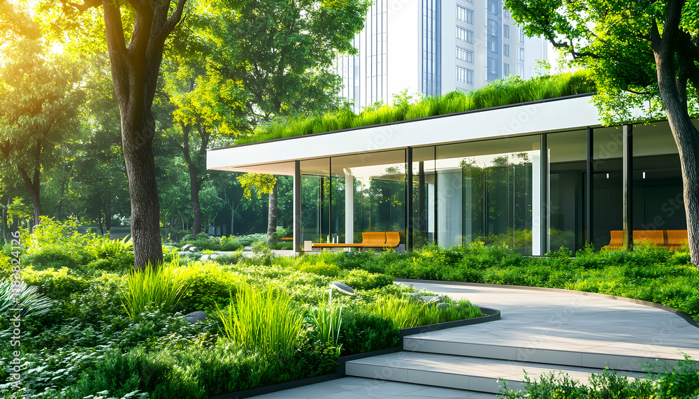 Obraz premium Urban park pavilion sunrise, green space