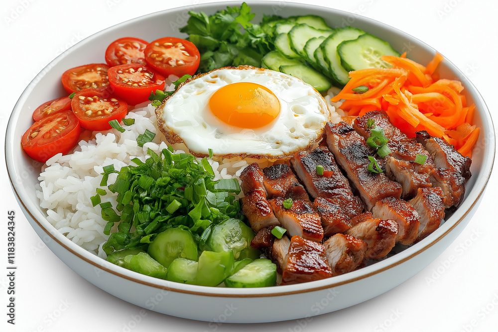 A plate of food with rice, vegetables, and meat A plate of food with rice, vegetables, and meat