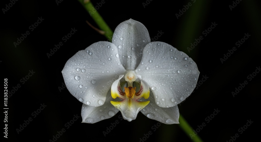 Fototapeta premium White Orchid Blossom Covered in Dew Drops