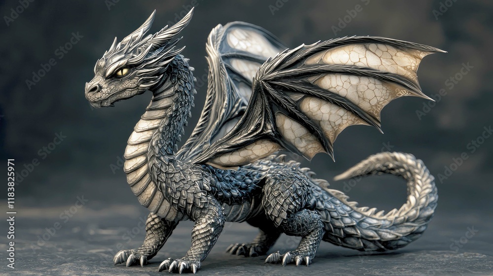 Naklejka premium Majestic Silver Dragon: A 3D Digital Sculpture of Mythical Creature