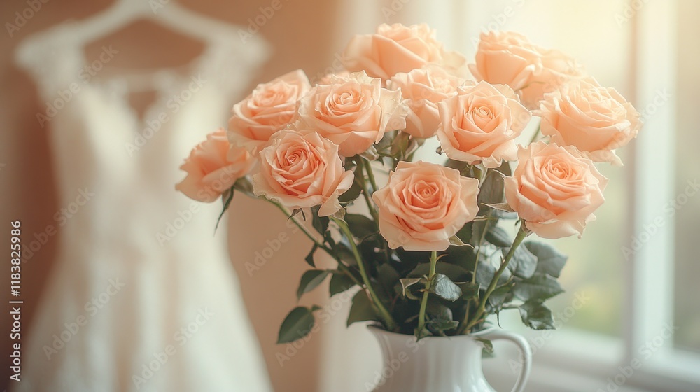 Obraz premium Peach roses bouquet, wedding dress background, bridal prep, soft light