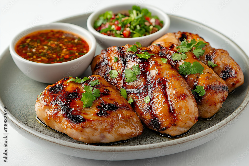 A plate of grilled chicken with a side of sauce and a bowl of salad A plate of grilled chicken with a side of sauce and a bowl of salad