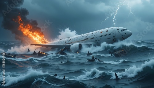 Commercial airplane crashing into an ocean during turbulent weather, leaving waves of debris and fire, perfect for survival themes or rescue visuals photo