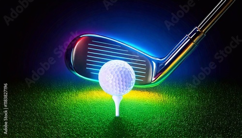 Neon lights illuminate a golf club and ball ready for play at night