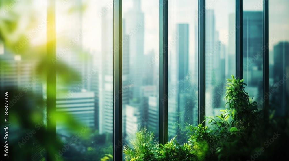 Fototapeta premium Urban Greenery: A Cityscape Viewed Through a Window Filled with Lush Plants
