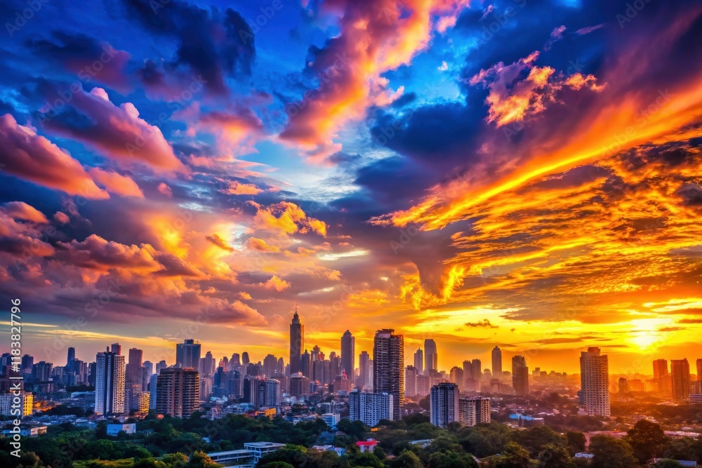 Fototapeta premium Metropolis awakens in a dramatic twilight, colorful sky a breathtaking backdrop.
