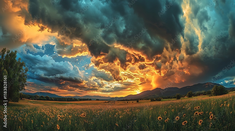 Fototapeta premium Dramatic sunset over sunflower field nature landscape photography
