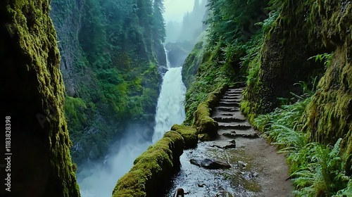 A beautiful waterfall is surrounded by a lush green forest