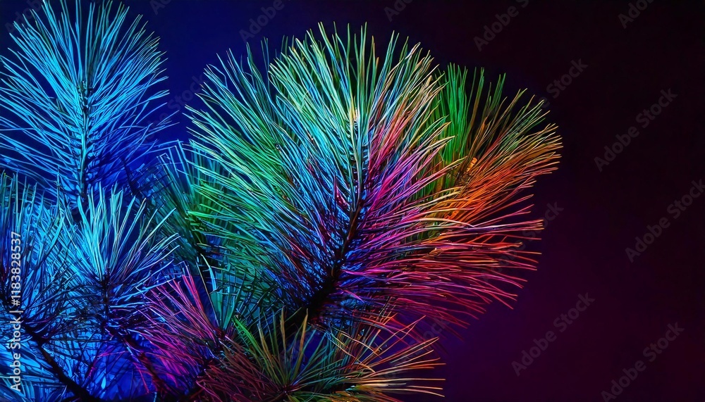 Fototapeta premium Colorful neon pine branches create a vibrant visual display against a dark background