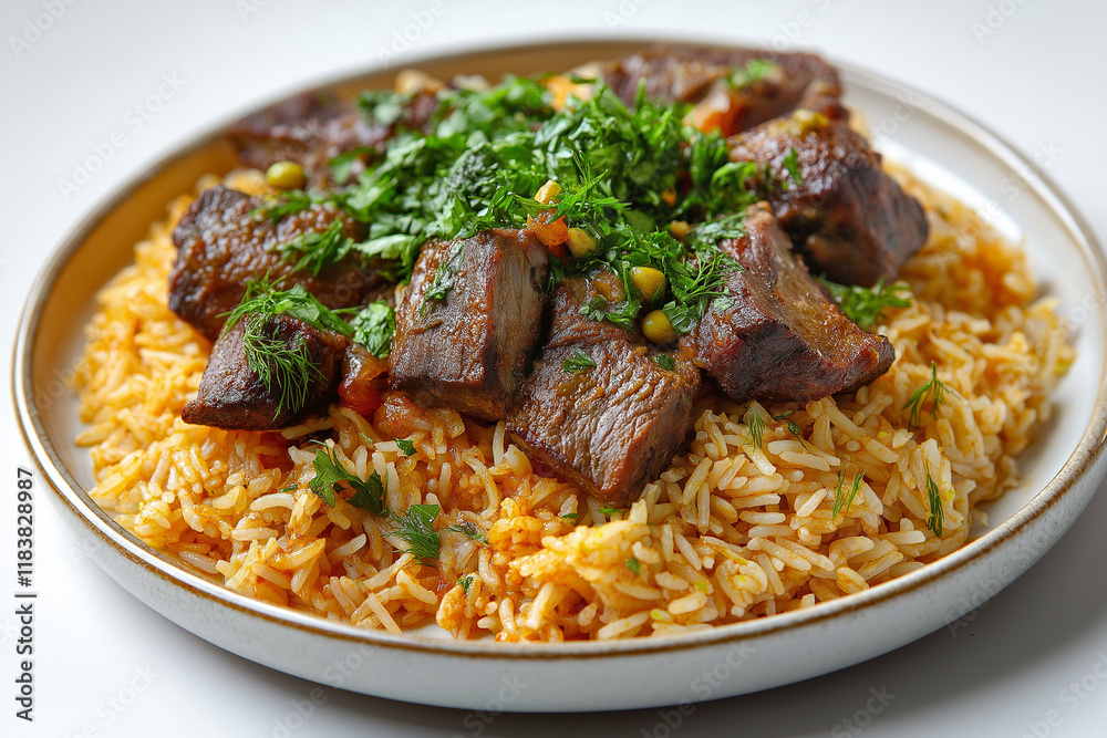 A plate of meat and rice with parsley on top A plate of meat and rice with parsley on top