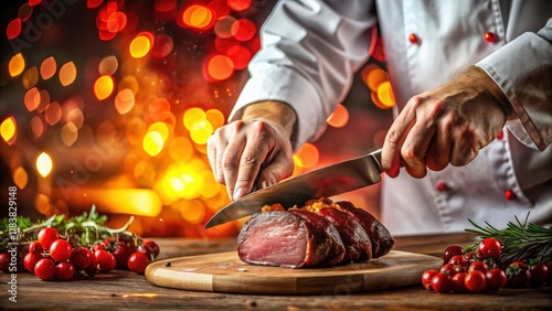 Red-hued kitchen, bokeh's soft focus, meat yields to blade. photo