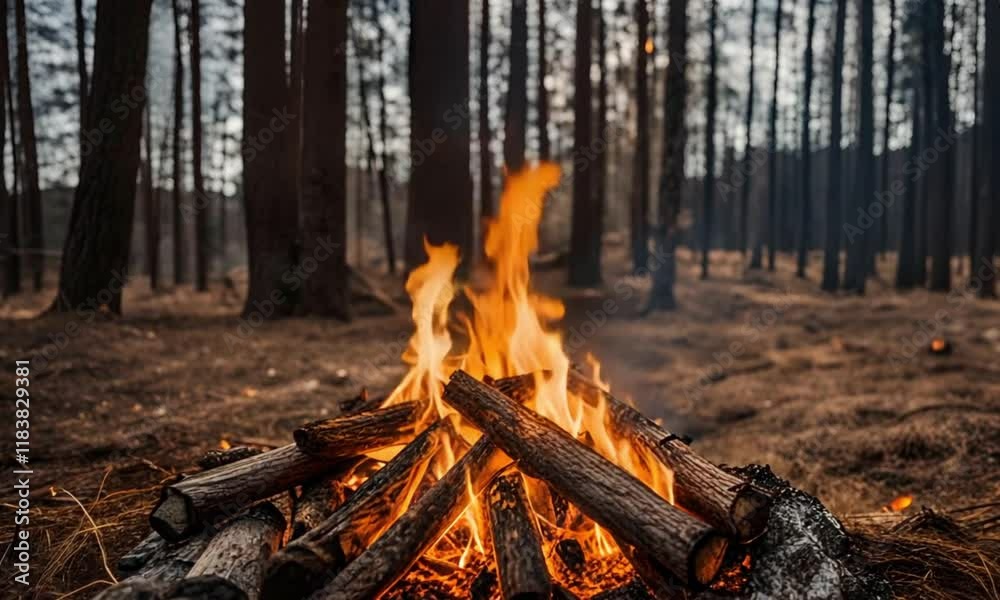 A burning bonfire on vacation during a hike in the forest. Divorced for cooking and for keeping warm in the cold evening A burning bonfire on vacation during a hike in the forest. Divorced for cooking and for keeping warm in the cold evening