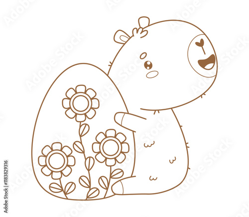 Outline Easter Capybara with big paschal egg. Holiday Happy cartoon kawaii character animal. Vector illustration. Line drawing, coloring book. Vector illustration. Kids collection