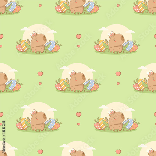 Easter Seamless pattern. Cute Capybara with paschal Eggs on green background. Holiday cartoon kawaii character animal backdrop. Vector illustration. Kids collection