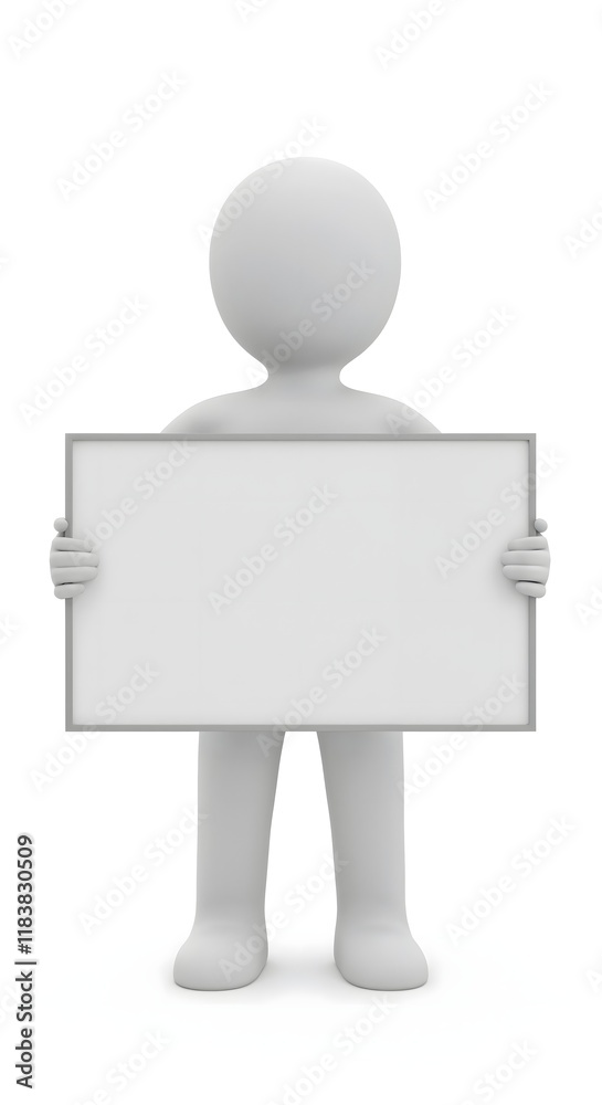 Minimalist white 3D figure holding an empty rectangular board, perfect for business presentations, creative advertising or adding custom text and design elements Minimalist white 3D figure holding an empty rectangular board, perfect for business presentations, creative advertising or adding custom text and design elements