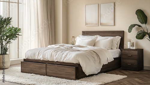Modern bedroom with dark wood platform bed  drawers  and neutral linens.