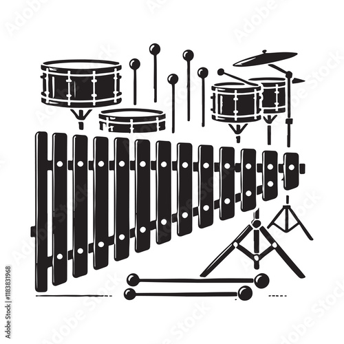 Xylophone Silhouette Vector Illustration, Solid White Background.