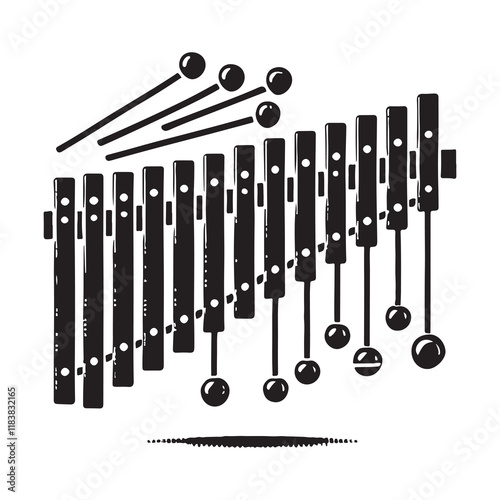 Xylophone Silhouette Vector Illustration, Solid White Background.