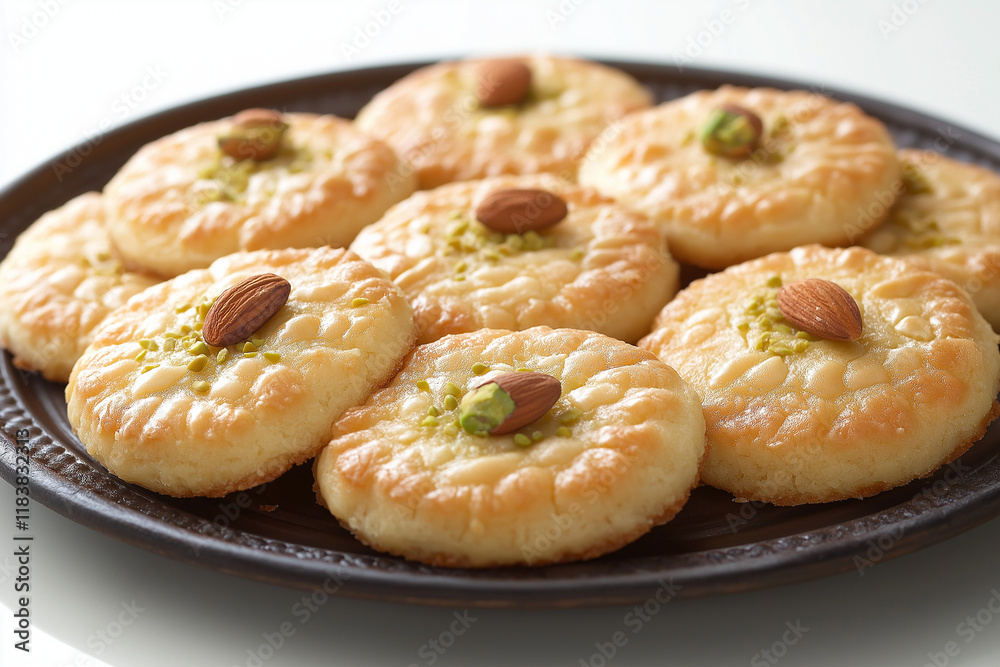 A plate of cookies with almonds on top A plate of cookies with almonds on top