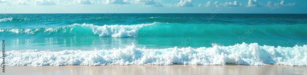 Vibrant turquoise ocean, whitecap waves crash on shore, sea surface, wave texture