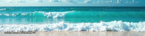 Obraz na płótnie Vibrant turquoise ocean, whitecap waves crash on shore, sea surface, wave texture w salonie