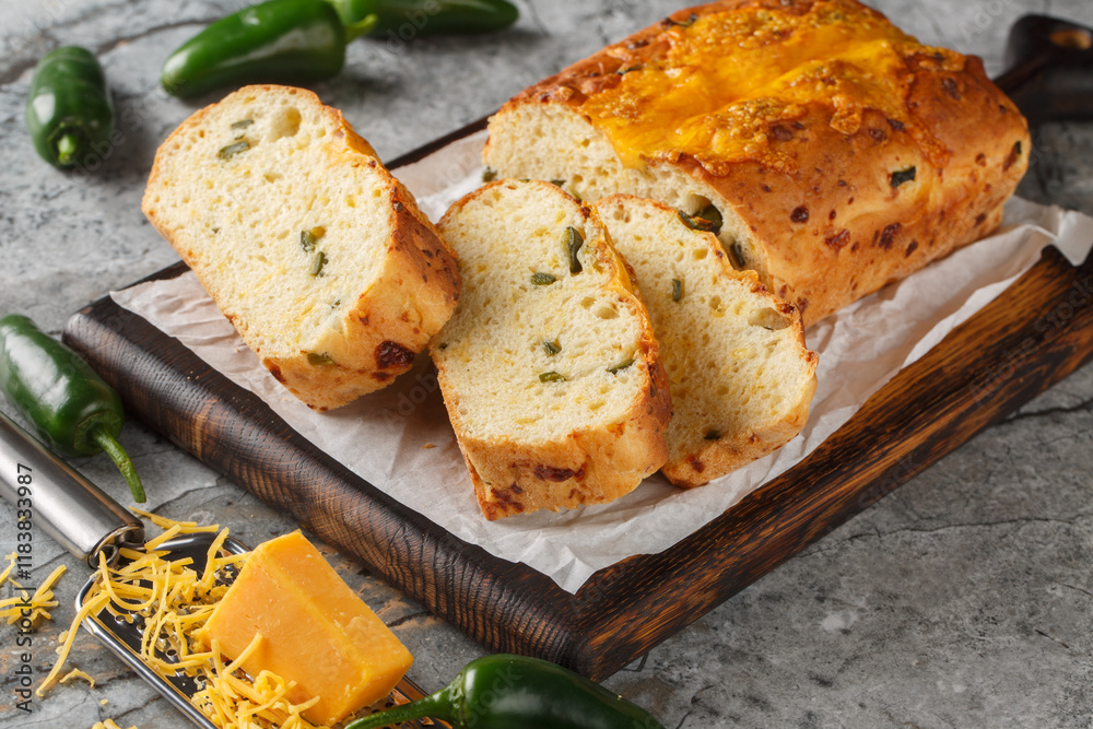 Φωτογραφία Homemade Jalapeno Cheddar Bread with just enough zesty pepper for a flavorful, cheesy loaf that's not too spicy closeup on the wooden board on the table