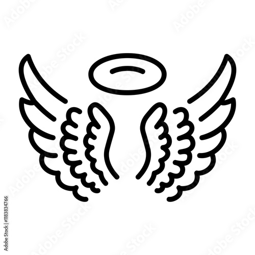 A linear icon of angel wings with halo 