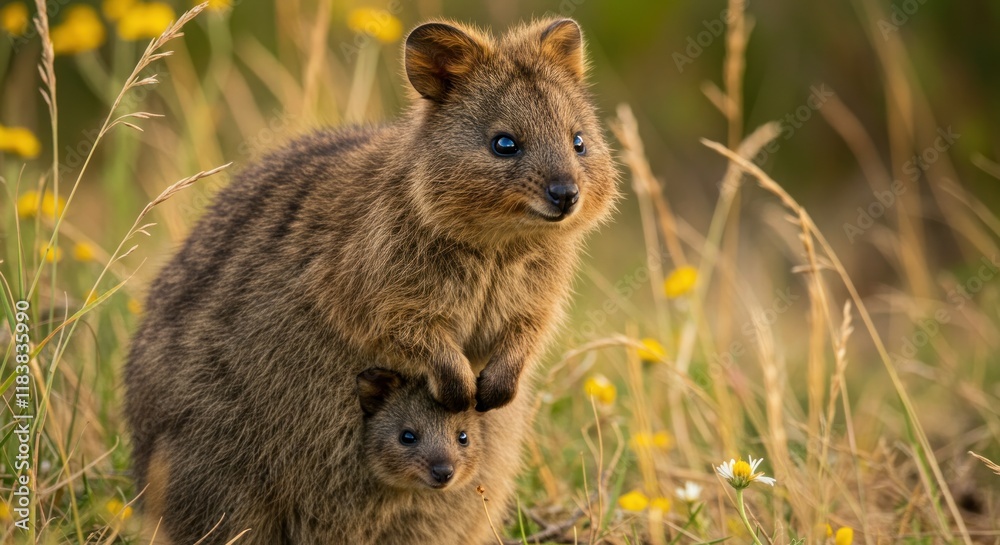 Quokka Mother Protecting Her Baby In Grassland Quokka Mother Protecting Her Baby In Grassland