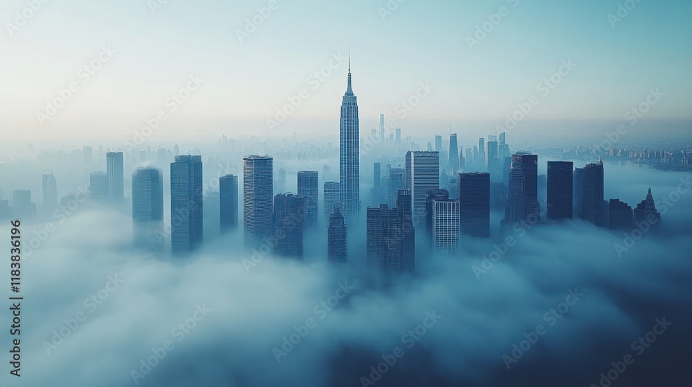 Fototapeta premium Misty city skyline at dawn.