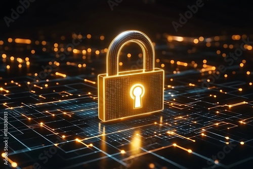 A digital padlock, Future of AI, black background, Yellow color lock, circuits, Science advancement in future, cyber security lock Image wallpaper