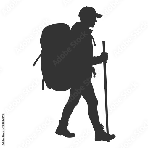 Hiker with Backpack and Trekking Pole Silhouette Vector Illustration