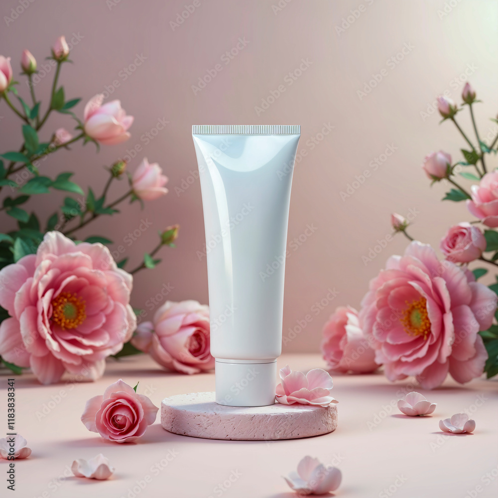 A tube of white cream is sitting on a pink surface with pink flowers in the background. Concept of freshness and beauty, as the cream is associated with skincare A tube of white cream is sitting on a pink surface with pink flowers in the background. Concept of freshness and beauty, as the cream is associated with skincare