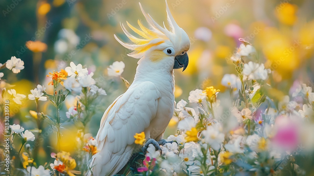 White cockatoo perched amidst vibrant wildflowers in soft sunlight. White cockatoo perched amidst vibrant wildflowers in soft sunlight.