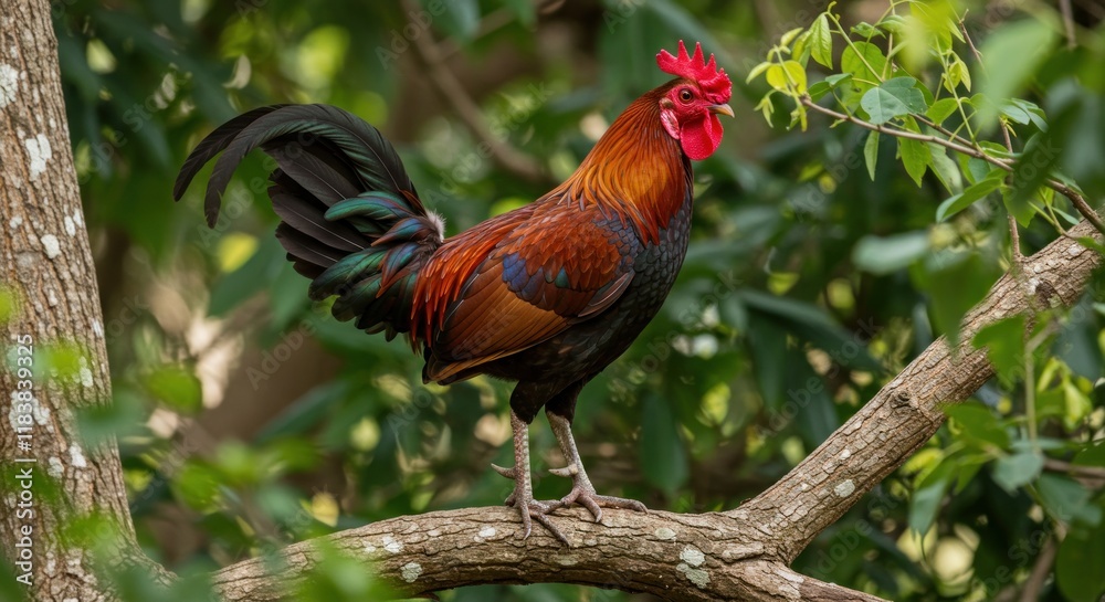 Fototapeta premium A Vibrant Rooster Perched On A Tree Branch