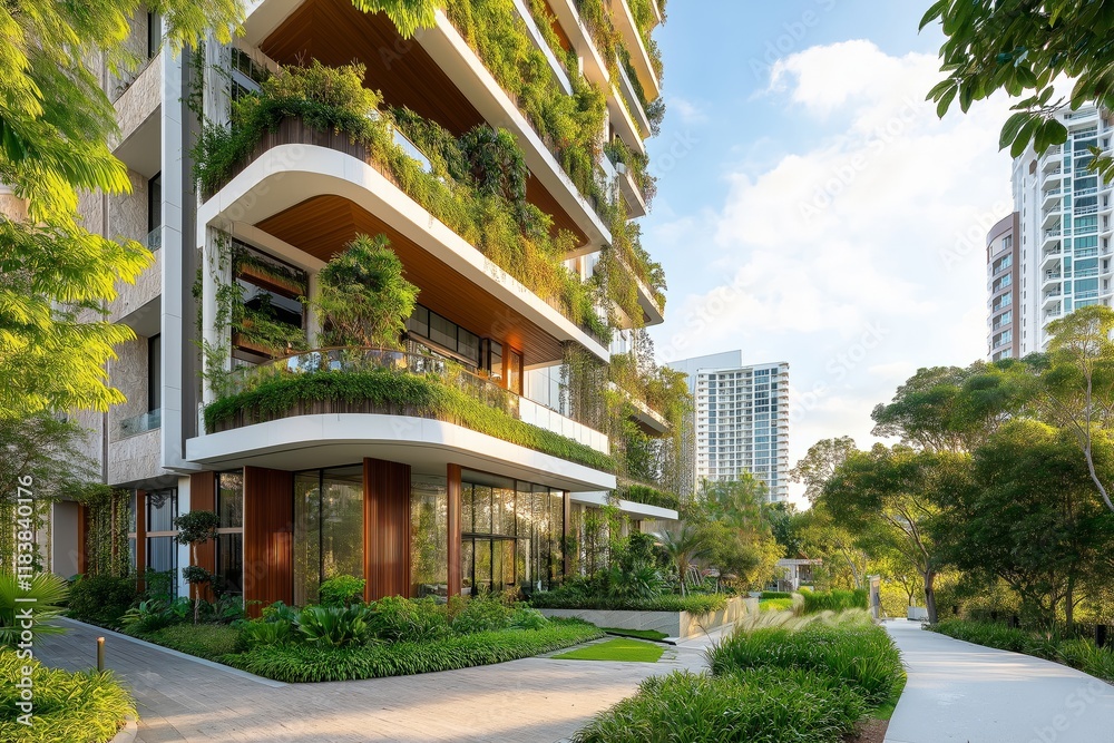 Obraz premium Modern building with multiple floors featuring extensive greenery and plants integrated into the architecture, surrounded by a well-maintained garden with pathways, trees, and shrubs