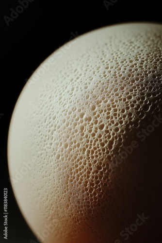 Close-up of a textured, off-white sphere with numerous small indentations, resembling a porous surface against a dark background.
