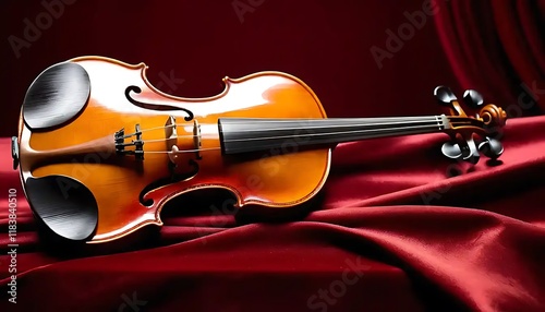Violin rests on rich red fabric background photo