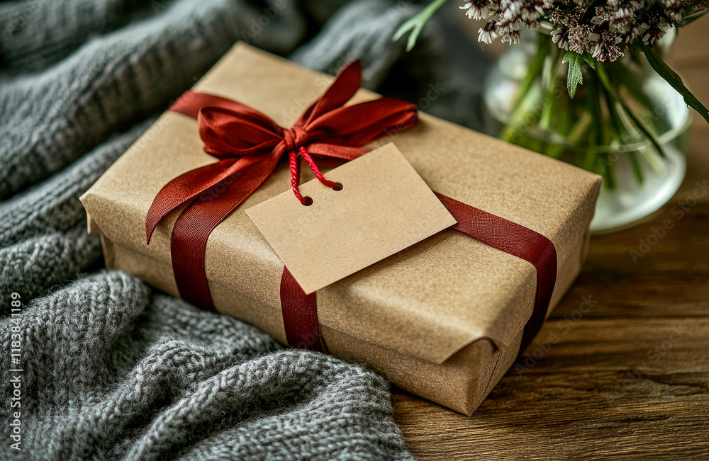 A rustic gift wrapped in kraft paper with a red ribbon and blank tag, resting on a cozy knit fabric near wildflowers. A rustic gift wrapped in kraft paper with a red ribbon and blank tag, resting on a cozy knit fabric near wildflowers.