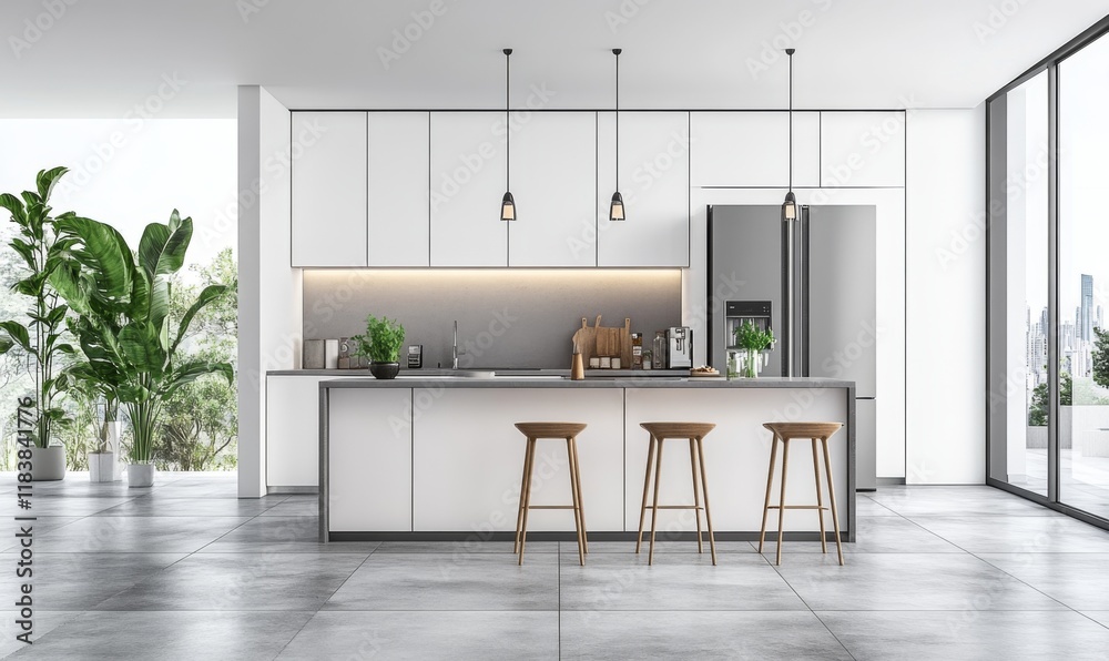 Fototapeta premium An overview of a sleek and modern kitchen with a minimalist design. The room features white cabinets, gray quartz countertops, a large kitchen island with bar stools, and stainless steel appliances 