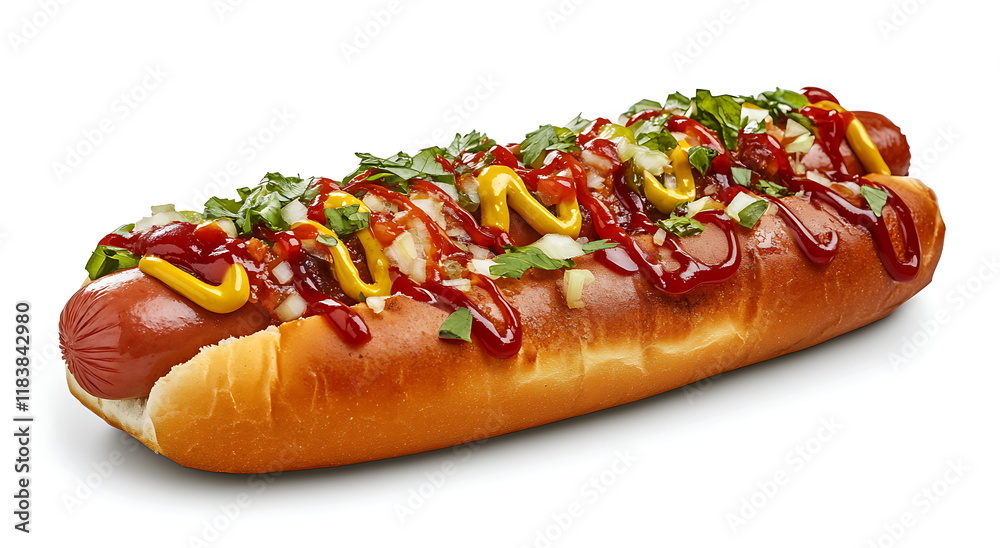A hot dog with mustard in a sesame seed bun on a transparent background A hot dog with mustard in a sesame seed bun on a transparent background