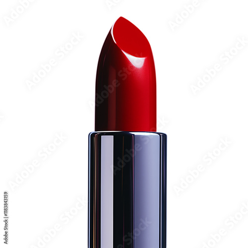 Close-up of a red lipstick tube with a shiny cap, isolated on a clean white surface, ideal for cosmetic displays photo