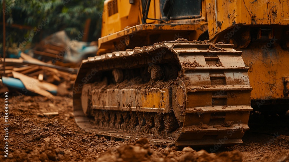 Fototapeta premium Close-up of muddy bulldozer tracks on a construction site.
