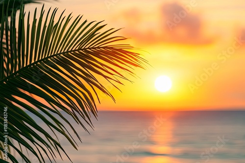 Cross and palm leaf with sunset scene background. Palm Sunday Concept 