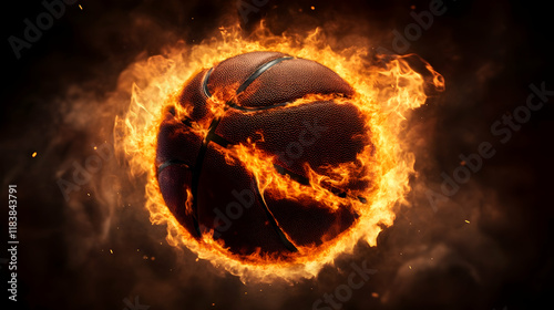 A burning basketball ball that is cut out and flying with flames