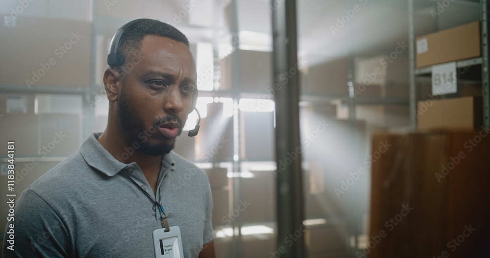 African American Logistics Manager Wearing Headset Uses Tablet Computer, Talks to Sorting Center Employee, Takes Parcel from Shelf for Delivery to Customer. Delivery Service Warehouse. Dolly Shot. African American Logistics Manager Wearing Headset Uses Tablet Computer, Talks to Sorting Center Employee, Takes Parcel from Shelf for Delivery to Customer. Delivery Service Warehouse. Dolly Shot.