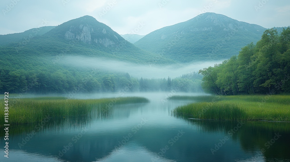 Misty mountain lake reflecting serene landscape. Misty mountain lake reflecting serene landscape.