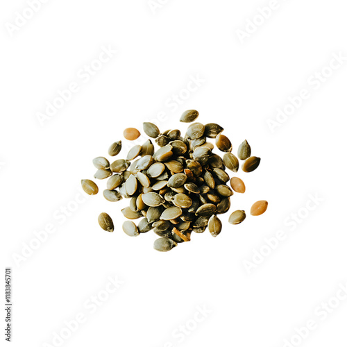 Handful of pumpkin seeds with a rich green and brown color placed on a plain white background, highlighting their freshness for dietary and wellness branding photo