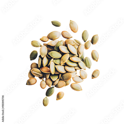 Handful of pumpkin seeds with a rich green and brown color placed on a plain white background, highlighting their freshness for dietary and wellness branding photo